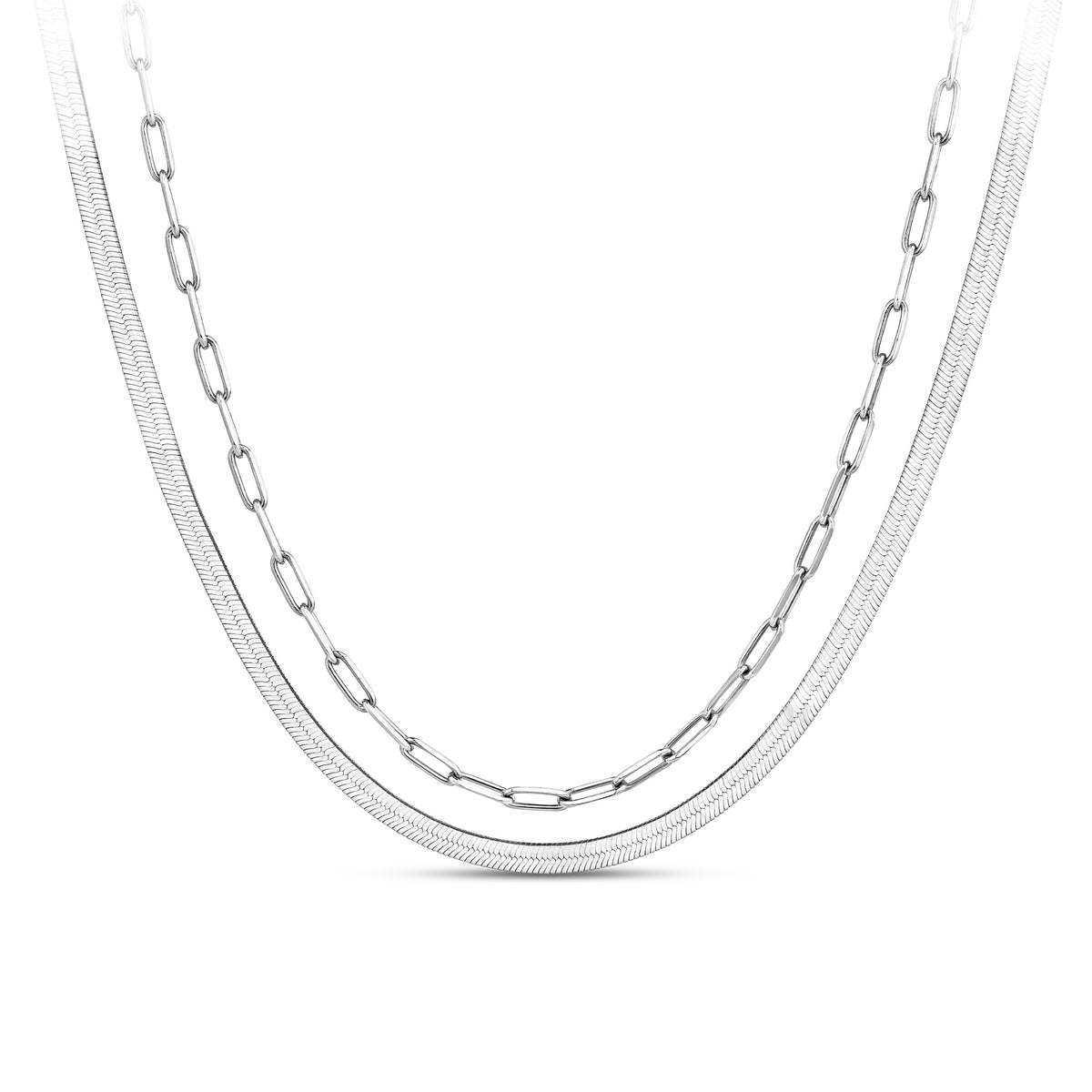 Front-on view of the Wallace Bishop Two-Layer Necklace in Sterling Silver, reference 44KA2582, measuring 500mm in length with a parrot clasp. The solid link necklace pairs a flat herringbone chain with a paperclip link chain.