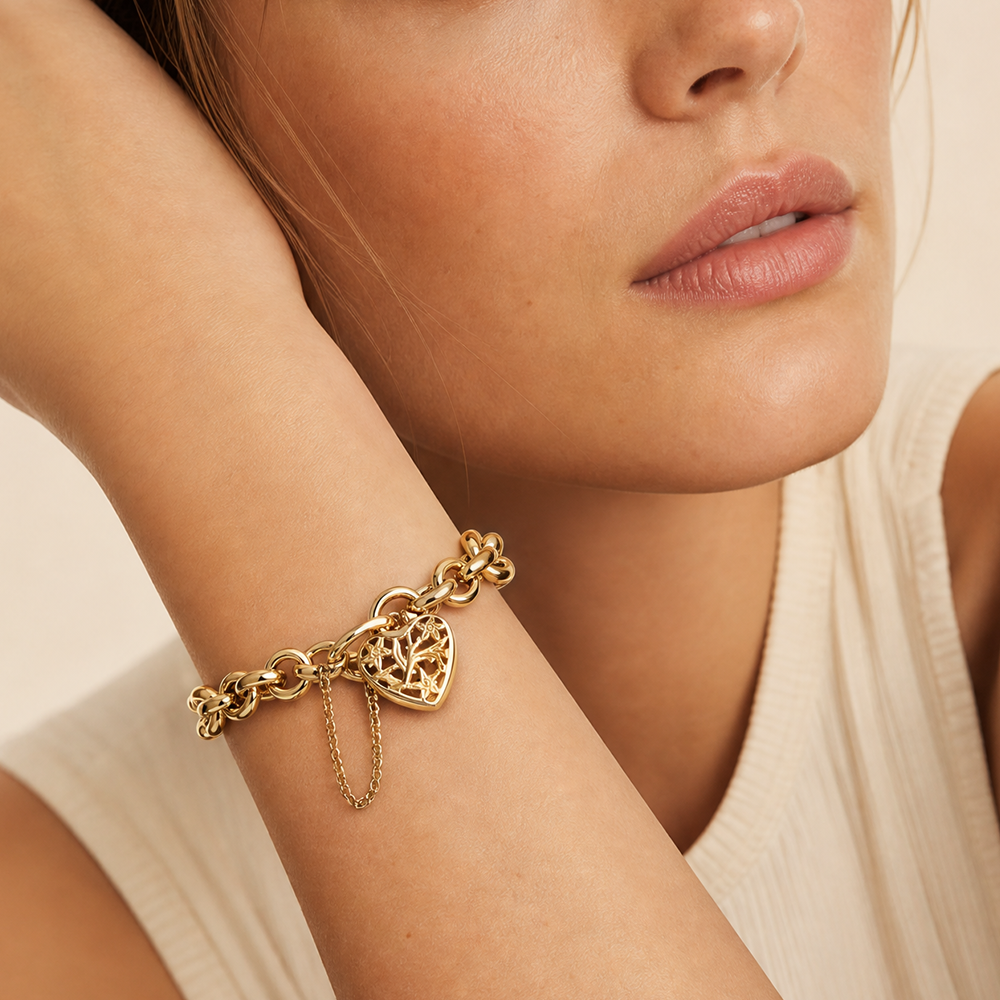 Heart Padlock Belcher Link Bracelet in 9ct Yellow Gold