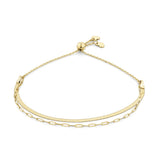 Front-on view of the Wallace Bishop Two-Layer Bracelet in 9ct Yellow Gold, reference 45KA2582, measuring 210mm in length with an adjustable slider. The solid gold bracelet pairs a flat herringbone chain with a paperclip link chain in a polished finish.