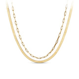 Front-on view of the Wallace Bishop Two-Layer Necklace in yellow gold reference 46KA2582, measuring 500mm in length with a parrot clasp. The solid link necklace pairs a flat herringbone chain with a paperclip link chain.