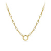Front-on view of the Wallace Bishop Paperclip Charm Holder Chain in 9ct Yellow Gold, reference 46PCCH01Y, shown with a parrot clasp. The solid 9ct yellow gold paperclip link chain measures 500mm in length and 2.8mm in width, designed to hold charms and pendants.