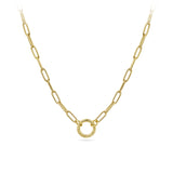 Front-on view of the Wallace Bishop Paperclip Charm Holder Chain in 9ct Yellow Gold, reference 46PCCH01Y, shown with a parrot clasp. The solid 9ct yellow gold paperclip link chain measures 500mm in length and 2.8mm in width, designed to hold charms and pendants.