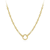 Front-on view of the Wallace Bishop Trombone Link Charm Holder Chain in 9ct Yellow Gold, reference 46TBCH01Y, shown with a parrot clasp. The solid 9ct yellow gold chain measures 500mm in length and 2.8mm in width, designed to hold charms and pendants.
