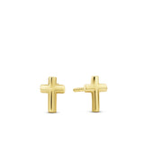 Front-on view of the Wallace Bishop Cross Stud Earrings in 9ct Yellow Gold, reference 48ER001, secured with a butterfly back. Each earring features a classic cross silhouette in polished yellow gold, measuring 6.75mm in length.