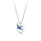 Front-on view of the Wallace Bishop Bluebird of Happiness Heart Pendant in Sterling Silver, reference 49NKBB01, on a 400mm cable chain with a parrot clasp. The pendant features a small blue enamel bird with a separate polished silver heart.