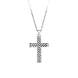 Front-on view of the Wallace Bishop Cross Gents Pendant in Sterling Silver, reference 49NRP002, measuring 41.50mm in length on a 650mm chain with a parrot clasp. The men’s solid cross pendant features a rope design and a polished finish.
