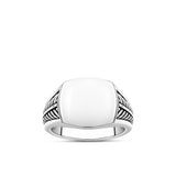 Front-on view of the Wallace Bishop Gents Signet Ring in Sterling Silver, reference 49RRP002V. The men’s signet ring features a polished cushion-shaped face with rope detailing on the shoulders.