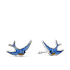 Front-on view of the Wallace Bishop Bluebird of Happiness Stud Earrings in Sterling Silver, reference 49SBB02. Each bird-shaped stud earring is finished in blue enamel, a Wallace Bishop heritage design.