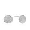 Shell Stud Earrings in Sterling Silver, photographed front on against a plain background. Each earring is shaped like a smooth, polished shell with a secure butterfly back fastening.