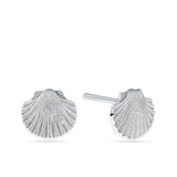 Shell Stud Earrings in Sterling Silver, photographed front on against a plain background. Each earring is shaped like a smooth, polished shell with a secure butterfly back fastening.