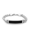 Front-on view of the Wallace Bishop Black Agate ID Gents Bracelet in Sterling Silver, reference 4UBLBASS2, measuring 210mm in length with an 8.30mm wide plate. The men’s bracelet features a black agate ID plate with ridged detailing at each end on a curb chain with a lobster clasp.
