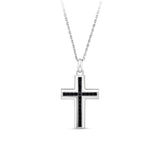 Front-on view of the Wallace Bishop Princess-Cut Black Spinel Cross Gents Pendant in Sterling Silver, reference 4UNKCBSSS1, measuring 25.20mm in length on a 650mm chain. The men’s cross pendant features princess-cut black spinel in a black rhodium finish.