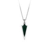 Front-on view of the Wallace Bishop Malachite Arrowhead Gents Pendant in Sterling Silver, reference 4UNKMLSS1, measuring 14.60mm in length on a 65cm chain. The men’s pendant features a natural green malachite in an arrowhead design.