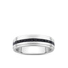 Front-on view of the Wallace Bishop Princess-Cut Black Spinel Gents Ring in Sterling Silver, reference 4URG5BSSSV, with a 6.5mm width. The men’s ring features a polished silver finish with a channel-set stripe of princess-cut black spinel through the middle.