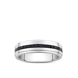 Front-on view of the Wallace Bishop Princess-Cut Black Spinel Gents Ring in Sterling Silver, reference 4URG5BSSSV, with a 6.5mm width. The men’s ring features a polished silver finish with a channel-set stripe of princess-cut black spinel through the middle.