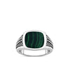 Front-on view of the Wallace Bishop Malachite Gents Signet Ring in Sterling Silver, reference 4URRP002V. The men’s signet ring features a cushion-shaped green malachite with rope detailing on the shoulders and a polished finish.