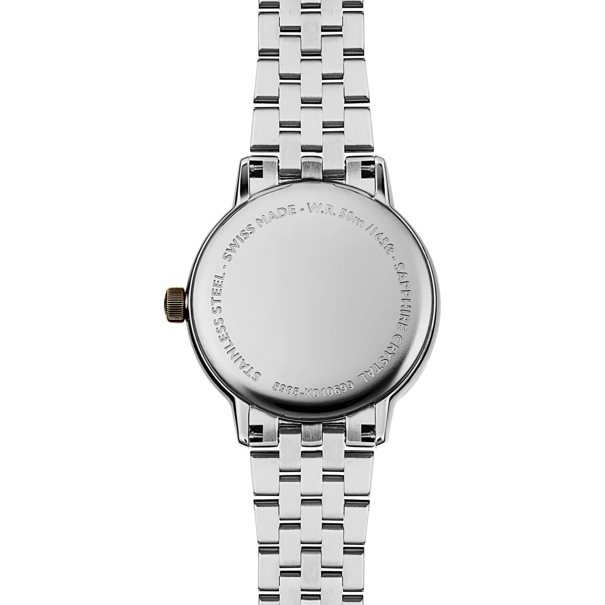 Case back of the Raymond Weil Toccata Women’s 29mm Quartz Watch 5985-STP-97081, showing the solid snapped stainless steel back. This closed-back case supports the watch’s 50m water resistance.