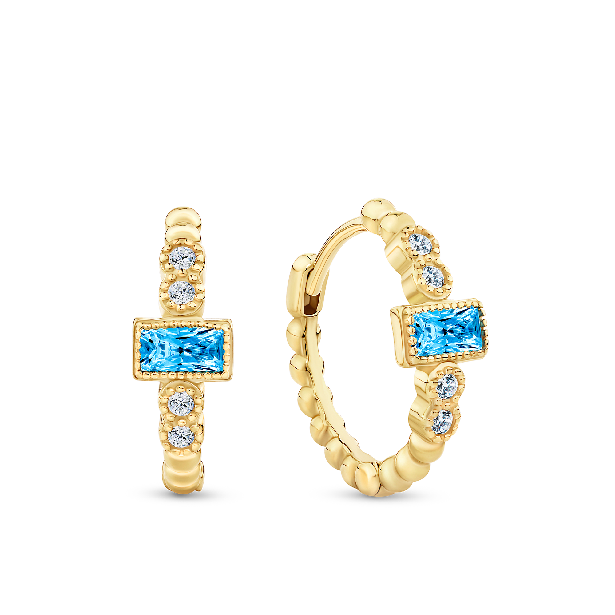 Blue Cubic Zirconia Huggie Hoop Earrings in 9ct Yellow Gold