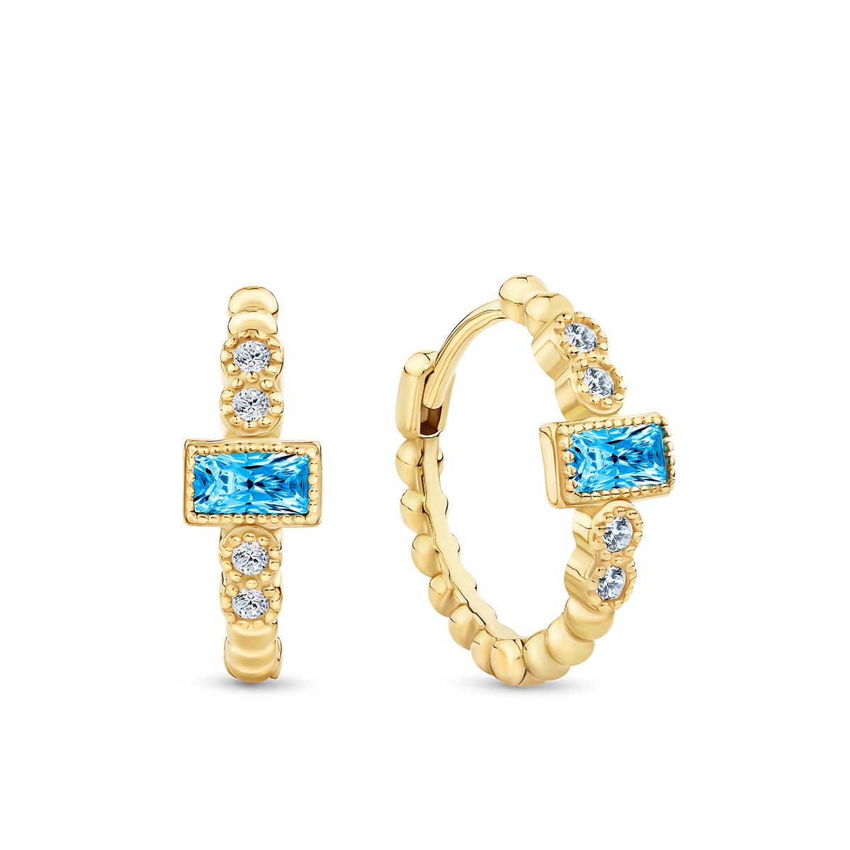 Blue Cubic Zirconia Huggie Hoop Earrings in 9ct Yellow Gold