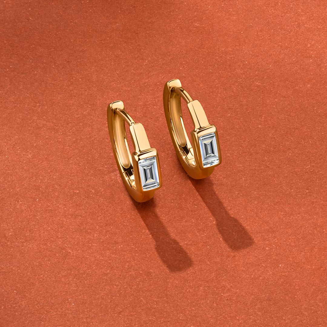 Baguette Cut Cubic Zirconia Huggie Earrings in 9ct Yellow Gold