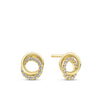 Front-on view of the Wallace Bishop Cubic Zirconia Circles Stud Earrings in 9ct Yellow Gold, reference 68ECZ500, measuring 9mm by 7.5mm. Each earring features two interlocking circles, one in plain polished gold and one set with round cubic zirconias.