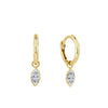 Front-on view of the Wallace Bishop Marquise Cubic Zirconia Bezel Drop Earrings in 9ct Yellow Gold, reference 68MQE02, with an 8mm huggie hoop. Each earring features a bezel-set marquise cut white cubic zirconia drop for an elongated, minimal look.