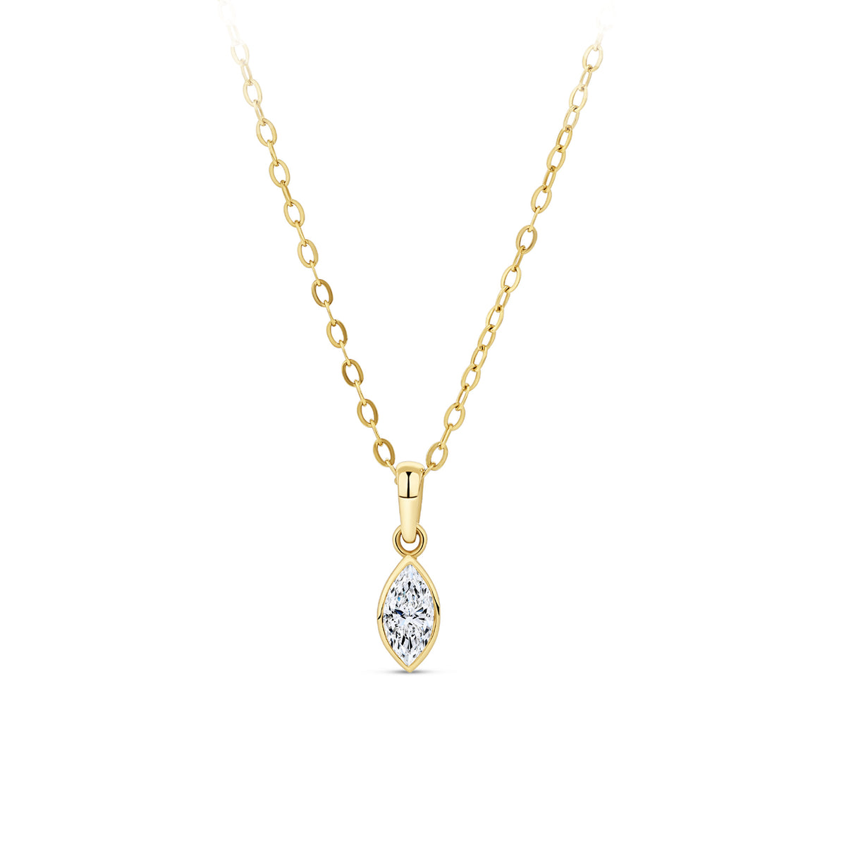 Front-on view of the Wallace Bishop Marquise Cubic Zirconia Bezel Pendant in 9ct Yellow Gold, reference 68MQNK01, hanging from a fine chain with a parrot clasp. The pendant features a bezel-set marquise cut white cubic zirconia for an elongated, minimal look.