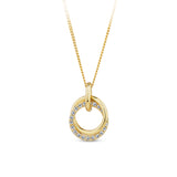 Front-on view of the Wallace Bishop Cubic Zirconia Circles Pendant in 9ct Yellow Gold, reference 68PCZ500, measuring 16.8mm by 11.25mm. The pendant features two interlocking circles, one in plain polished gold and one set with round cubic zirconias.