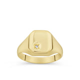 A gents square signet ring shown front on in polished 9ct yellow gold, with a small round cubic zirconia star set into the lower corner of the face.