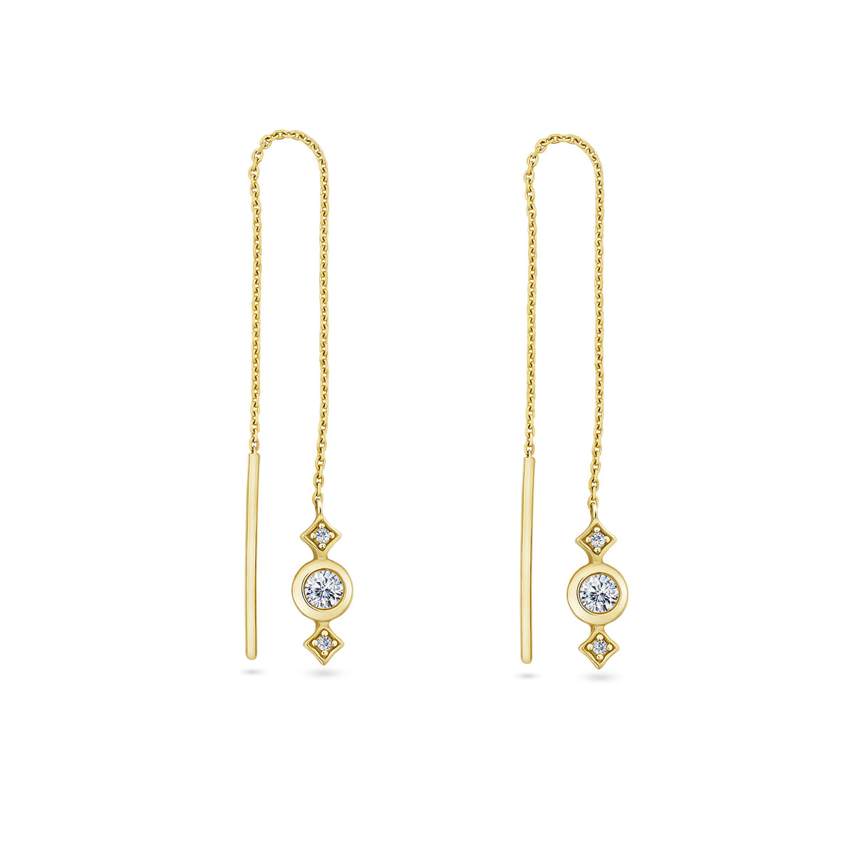 Front-on view of the Wallace Bishop Cubic Zirconia Trilogy Threader in 9ct Yellow Gold, reference 68TRICZE01, with the fine chain threaded through the ear and draping down one side. The design features a bezel-set round cubic zirconia centre stone flanked by two smaller claw-set cubic zirconias, forming a trilogy drop in yellow gold.