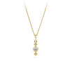 Front-on view of the Wallace Bishop Cubic Zirconia Trilogy Pendant in 9ct Yellow Gold, reference 68TRICZP02, hanging from a fine rope chain. The pendant features a bezel-set round cubic zirconia centre stone flanked by two smaller claw-set cubic zirconias, forming a trilogy design in yellow gold.