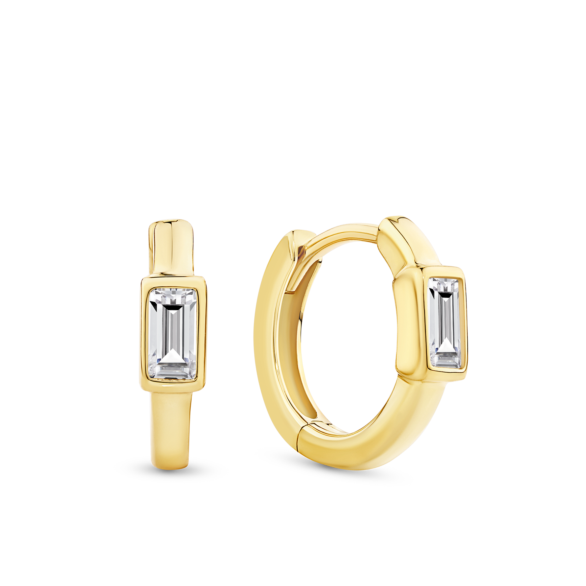 Baguette Cut Cubic Zirconia Huggie Earrings in 9ct Yellow Gold