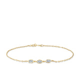 Front-on view of the Wallace Bishop Marquise Cubic Zirconia Bezel Bracelet in 9ct Yellow Gold, reference 68MQB01, on a fine gold chain with a bolt clasp. The bracelet features three bezel-set marquise cut white cubic zirconias for an elongated, minimal look.