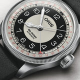 Close-up of Oris Big Crown Pointer Date Bullseye dial showing concentric grey and black bullseye pattern, pointer date hand and red accent details