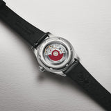 Oris Big Crown Pointer Date Bullseye 38mm stainless steel screwed case back with see-through mineral glass porthole revealing automatic movement
