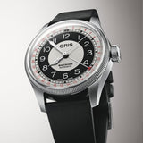 Oris Big Crown Pointer Date Bullseye 38mm watch with grey and black dial, red detailing and black leather strap, front view