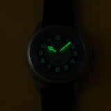 Detailed view of the Oris Big Crown Pointer Date 19mm black leather strap with luminous hands
