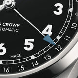 Oris Big Crown Pointer Date 40mm Automatic Watch 01 754 7798 4064-07 8 20 06 — A close-up of the black dial highlights the large luminous Arabic numerals, railway-style minute track and the blue-tipped central pointer date hand indicating the date on the outer scale. The applied indices and hands are coated in Super-LumiNova for low-light legibility.