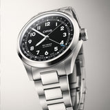 Oris Big Crown Pointer Date 40mm Automatic Watch 01 754 7798 4064-07 8 20 06 — The side profile reveals the 12mm case thickness and the characteristic oversized screw-down crown engraved with the Oris name. The domed sapphire crystal curves gently above the black dial.