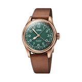 Front-on view of the Oris Big Crown Limited Edition Men's 40mm Bronze Automatic Watch 754 7741 3167LS, showing the round bronze case and green dial with Arabic numeral hour markers. The pointer date function circling the outer edge of the dial is clearly visible from this straight-on angle.