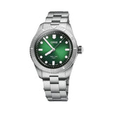 Oris Divers Sixty-Five Calibre 400 38mm Automatic Watch 01 400 7774 4057-07 8 19 18 — The stainless steel case and matching unidirectional rotating bezel frame a shimmering green sunburst dial with applied luminous indices and no date window. The three-link stainless steel bracelet with folding clasp completes the clean, vintage-inspired diver look.