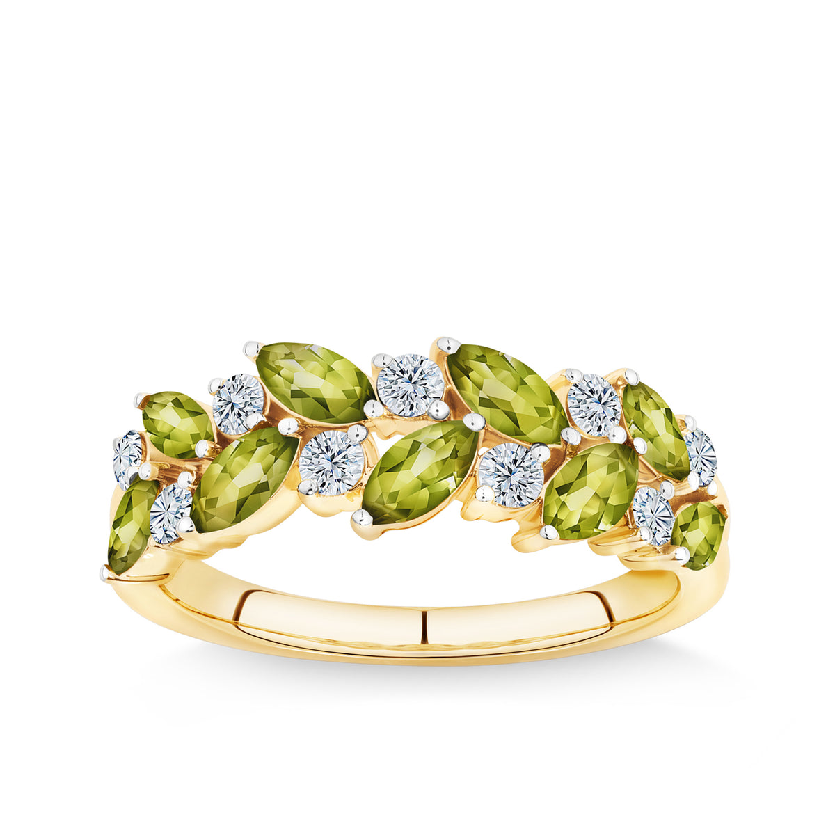 Marquise Cut Green Tourmaline & 0.30ct TW Diamond Ring in 9ct Yellow Gold