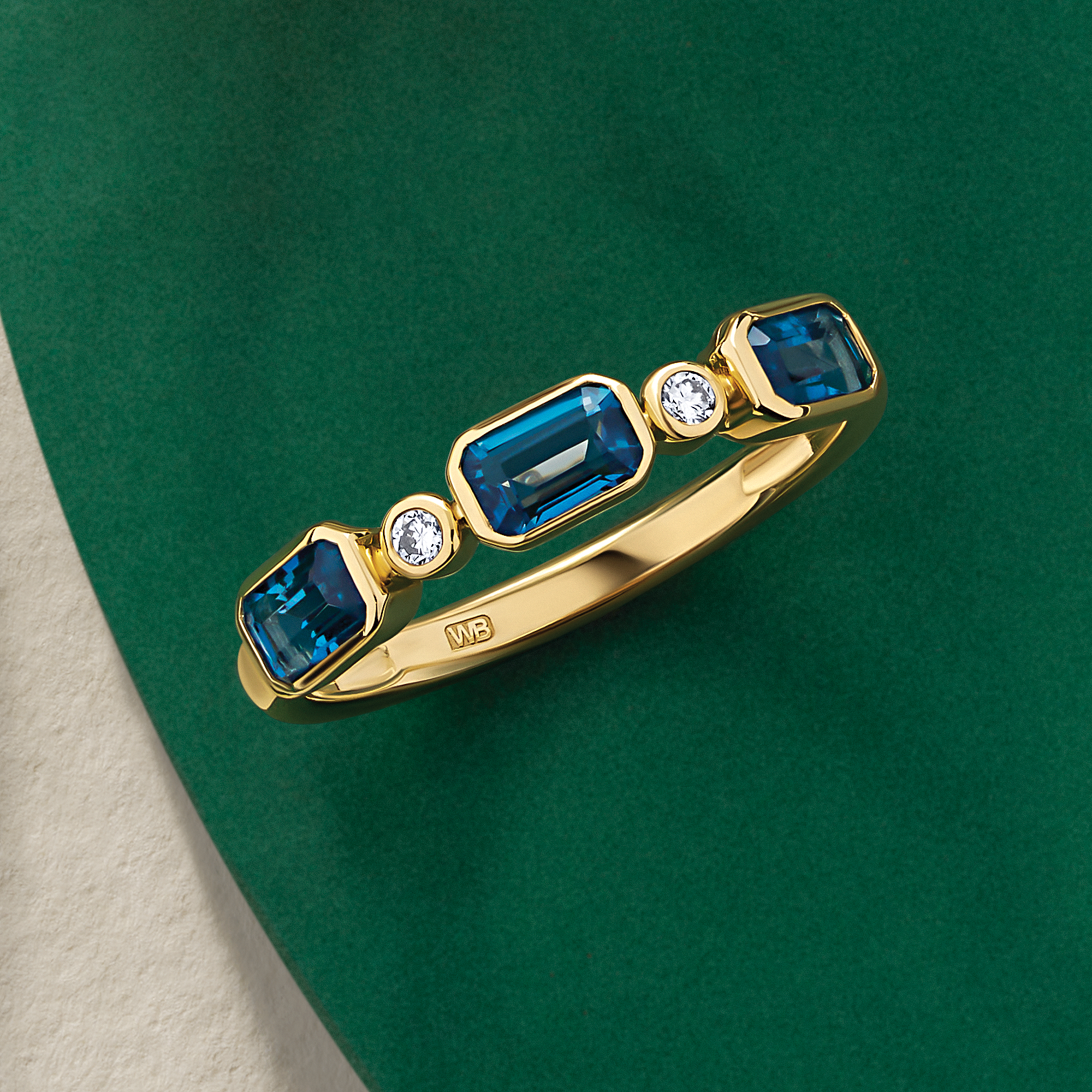 London Blue Topaz & Diamond Bezel Set Alternating Ring in 9ct Yellow Gold