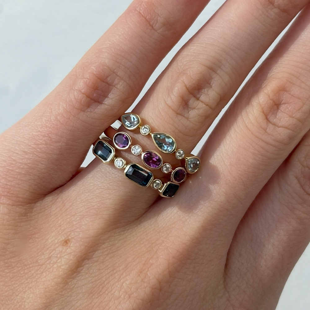 Aquamarine & Diamond Bezel Set Alternating Ring in 9ct Yellow Gold