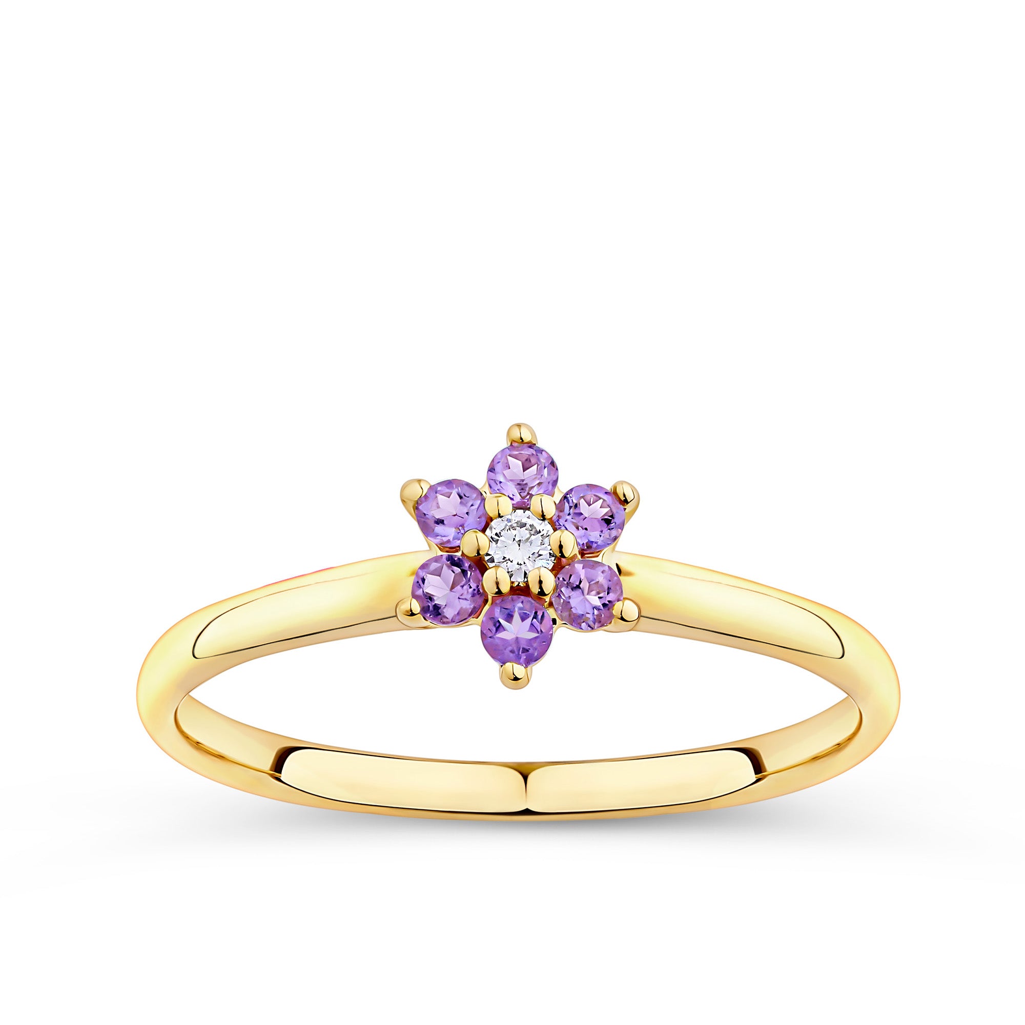Amethyst & Diamond Flower Ring in 9ct Yellow Gold