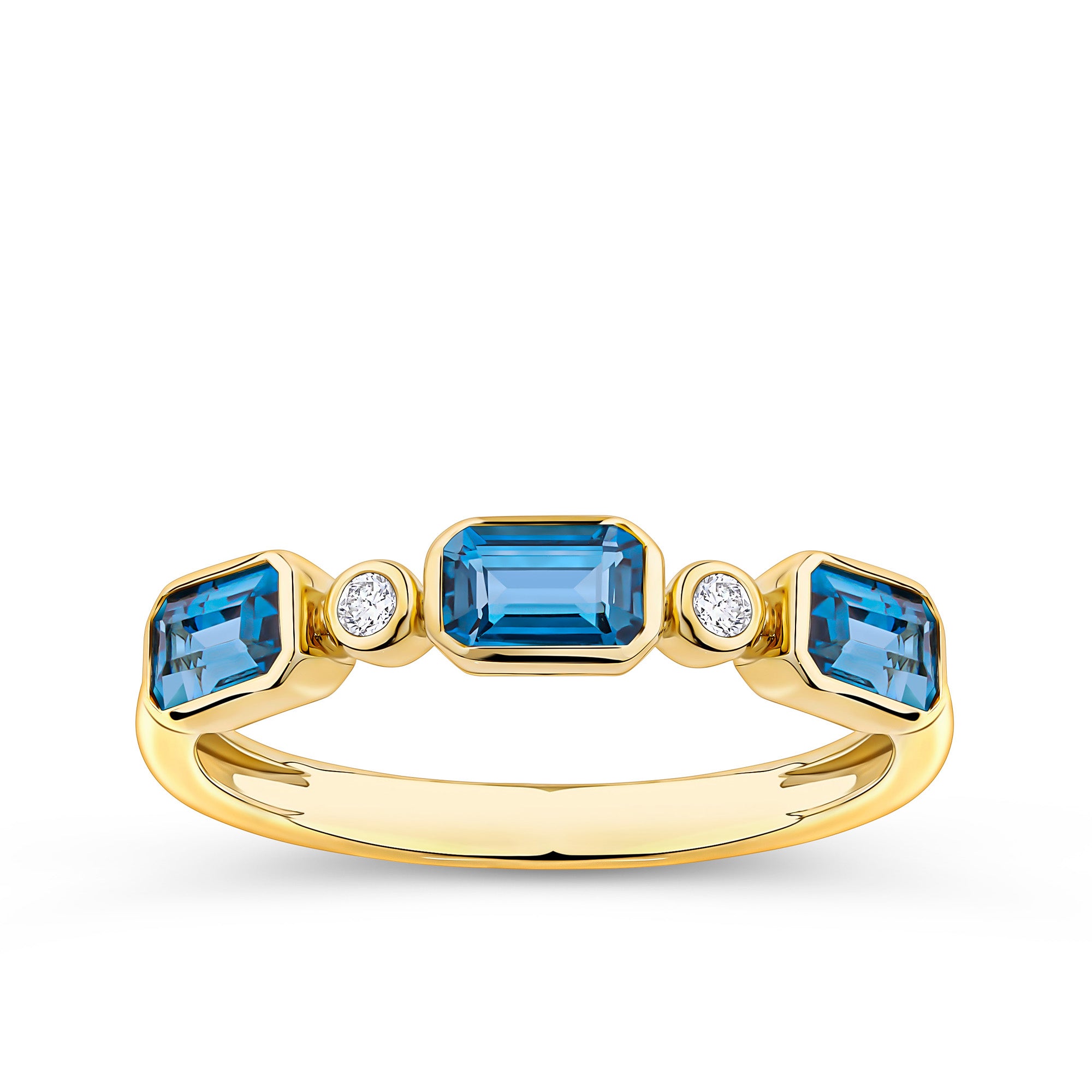 London Blue Topaz & Diamond Bezel Set Alternating Ring in 9ct Yellow Gold
