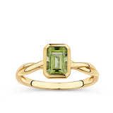 Emerald Cut Peridot Twist Bezel Set Ring in 9ct Yellow Gold
