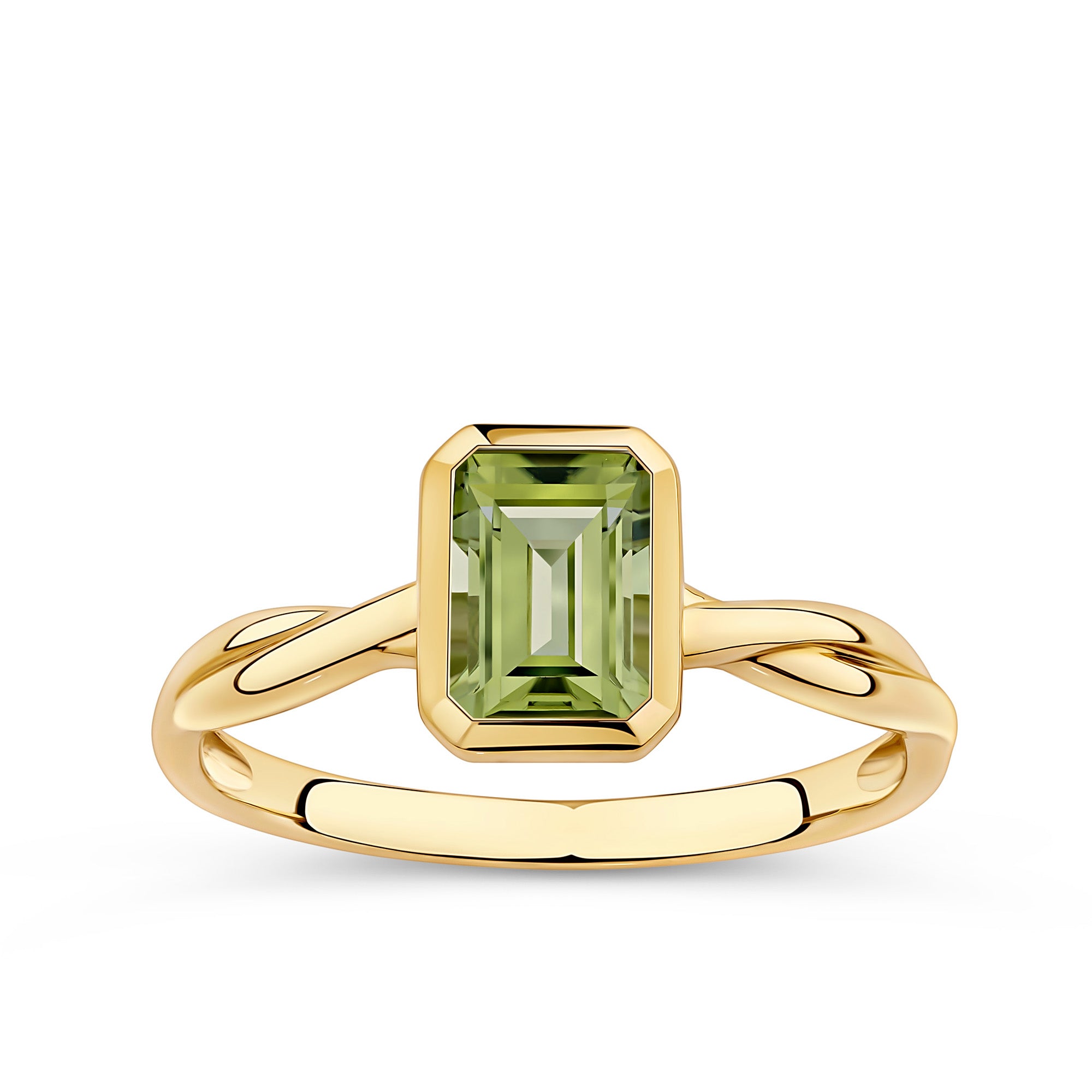 Emerald Cut Peridot Twist Bezel Set Ring in 9ct Yellow Gold