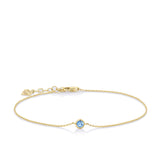 Front-on view of the Wallace Bishop Swiss Blue Topaz Bezel Bracelet in 9ct Yellow Gold, reference 93BLSBT3Y, on a fine cable chain with a parrot clasp. The bracelet features a single bezel-set 3mm round brilliant cut Swiss blue topaz and adjusts from 170mm to 190mm.
