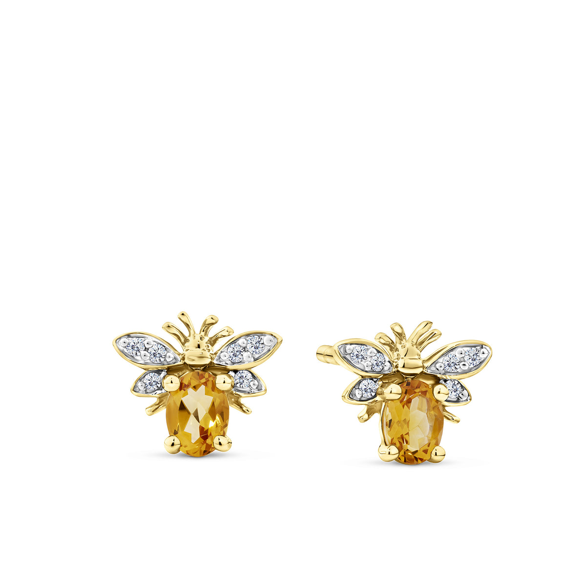 Front-on view of the Wallace Bishop 0.03 TDW Round Citrine & Diamond Bee Stud Earrings in 9ct Yellow Gold, reference 93CBEE9Y. Each earring features a round natural citrine as the bee's body, accented by round brilliant cut natural diamonds along the wings, secured with a butterfly back.
